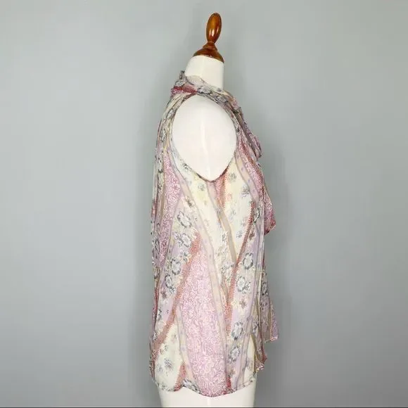 DREW Silk chiffon Multicolor Paisley Pussy Bow Tie Neck Snap Back Tank Size XS - Picture 7 of 10